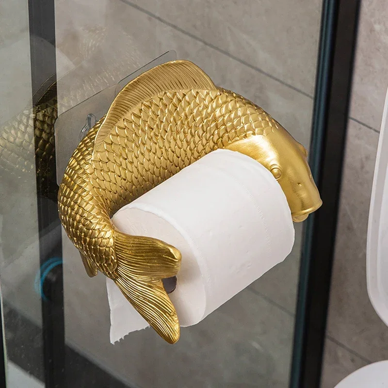 Description Picture 6 of itemKoi Statue Fish Craft Toilet Paper Holder Towel Rack Wall Hanging Bathroom Household Toilet Paper Rack Free Punching Decoration