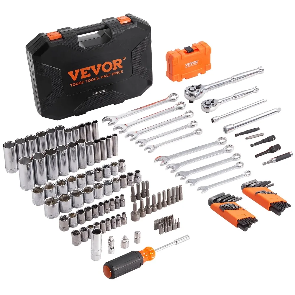 

Mechanics Tool Set and Socket Set, 1/4" and 3/8" Drive Deep & Standard Sockets, 145 Piece SAE and Metric Mechanic Tool Kit