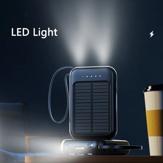 Xiaomi 50000mAh High Capacity Solar Power Bank Built Cables Solar Charger 2 USB Ports External Charger Powerbank with LED Light