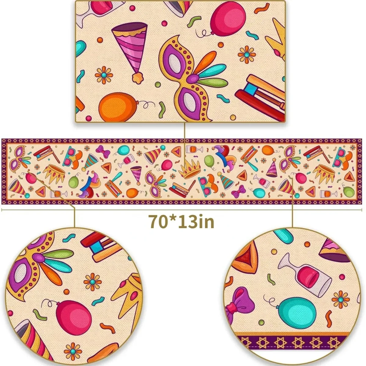 Happy Purim Linen Table Runner Jewish Holiday Carnival Party Decor Masque Crown Kitchen Dining Room Outdoor Picnic Home Decor