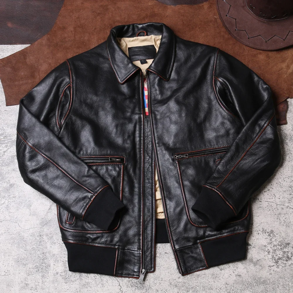 

Retro-colored Old A2 Leather Jacket Leather Men's Flight Suit Jacket First Layer Cowhide Lapel Short Leather Coat