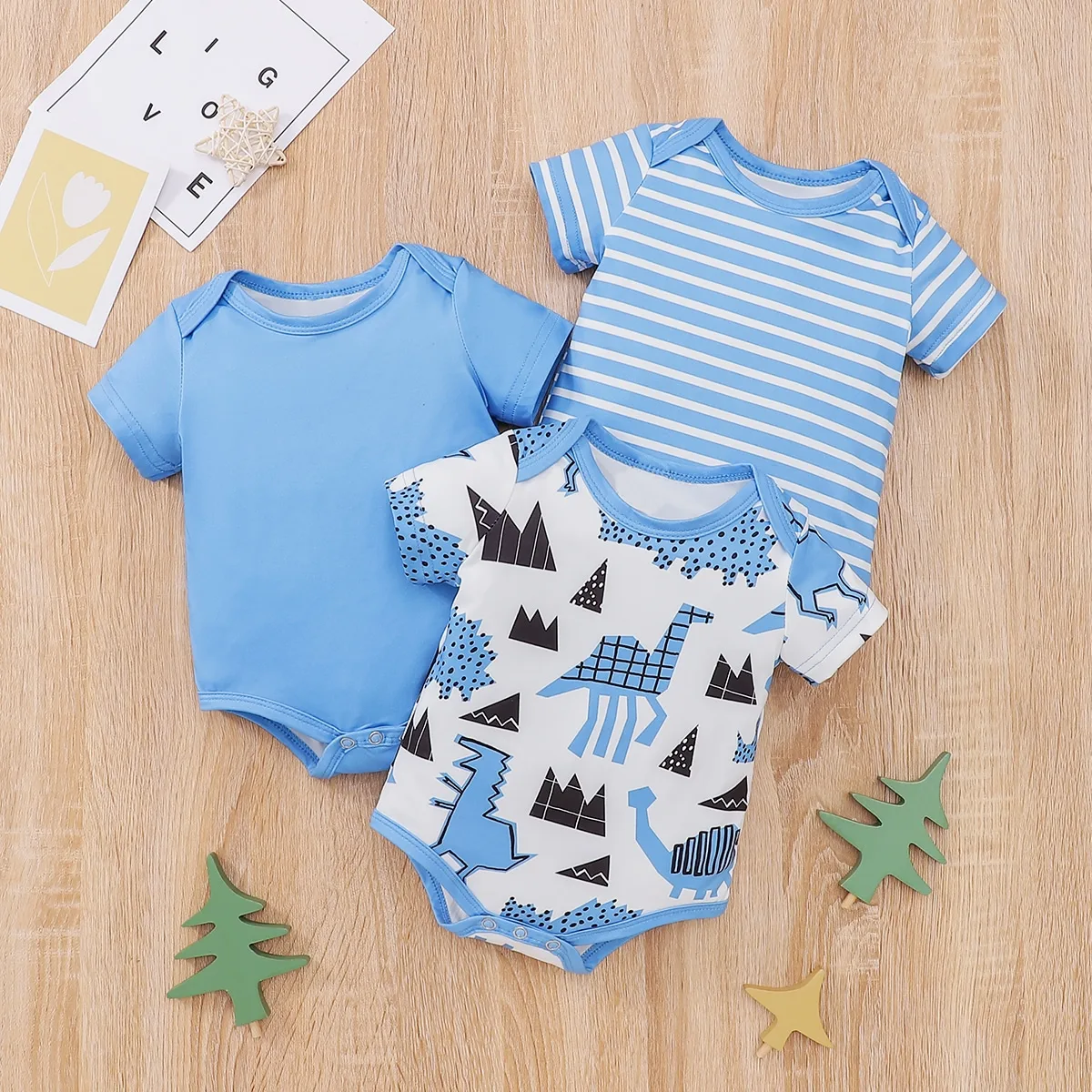 3PCS Baby Multi Color Round Neck Short Sleeve Romper Bodysuits Set  Newborn Cute Baby Clothing