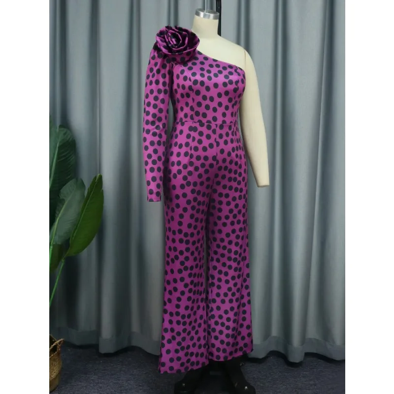 2024 New Shoulder Polka Dot Printed Jumpsuit Women Elegant One Piece African Female High Waist Wide Leg Rompers New Plus Size