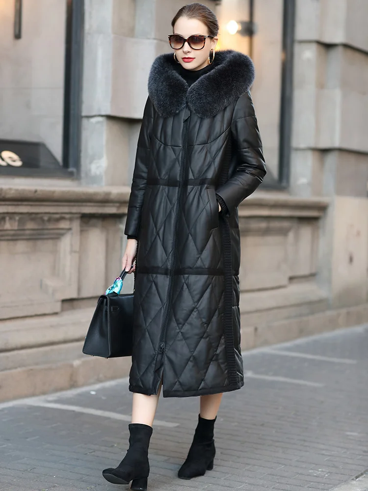 

Black Leather Coat Women's Autumn Winter Fox Fur Sheepskin Down Long Hooded Outerwear Casual Trench
