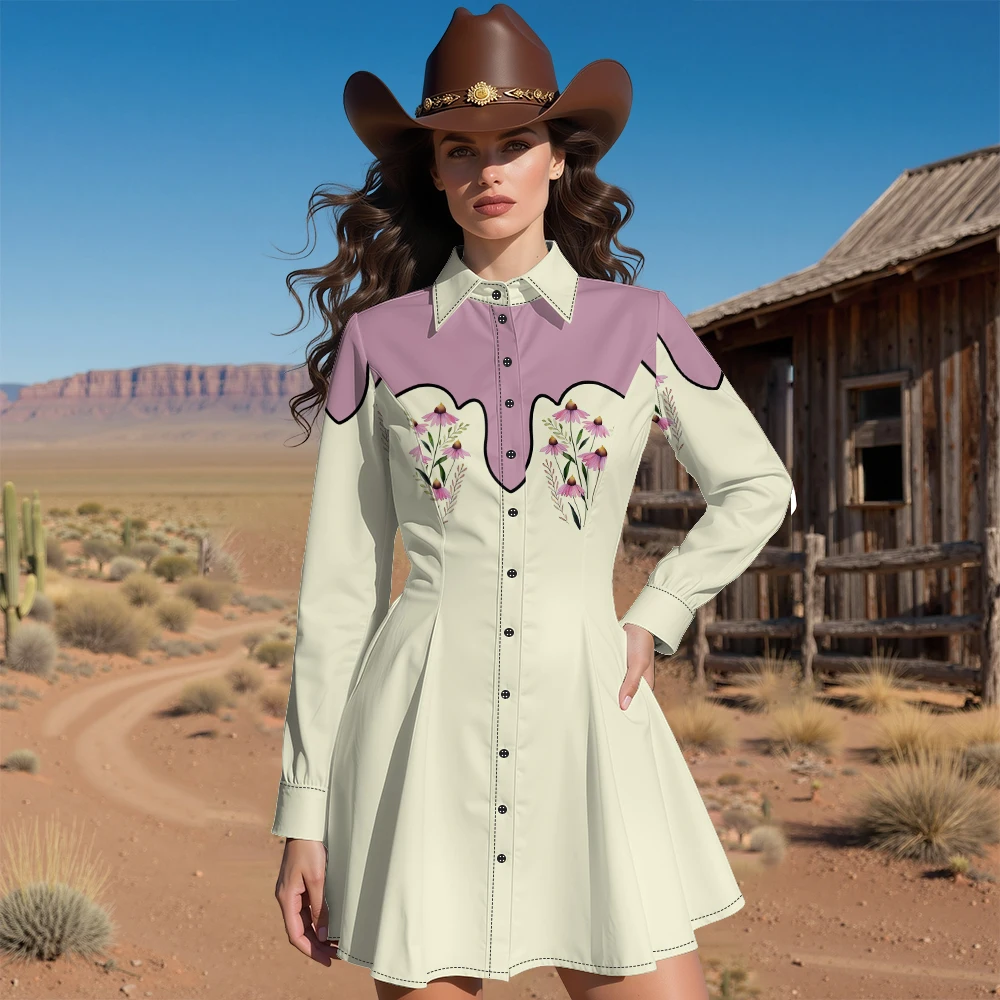 Harajuku Floral Eisvogel Drucken, Figurbetontes Kleid Frauen Western Cowboy Stil Langarm Winter Midi Kleid Slim Fit Sexy Midi Kleid