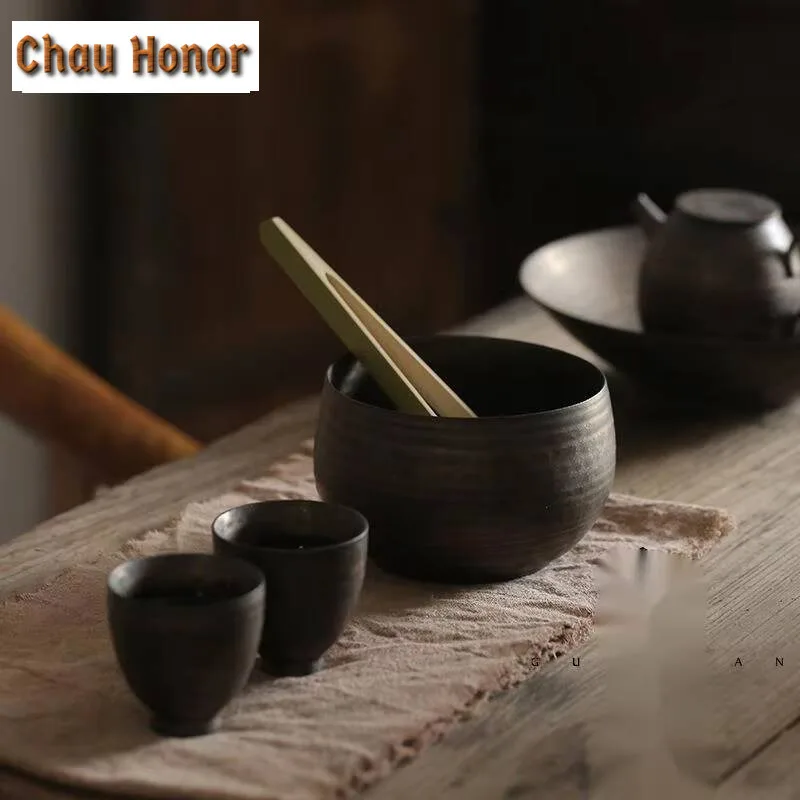500ml Handmade Thin Tire Jianshui Japanese Iron Rust Glaze Tea Washing Basin Writing-brush Washer Tea Residue Bucket Chaxi Craft