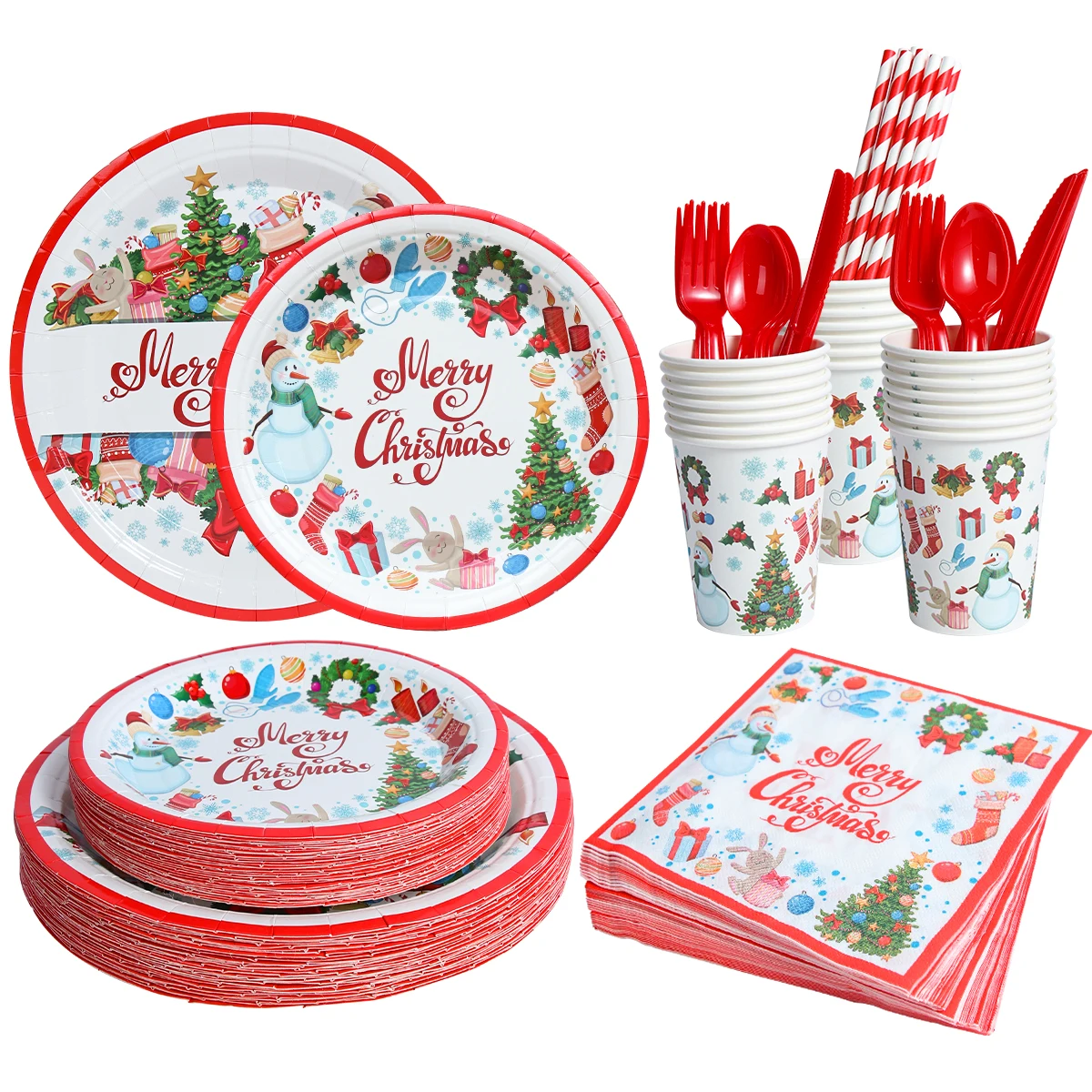 Noël Vaisselle jetable Joyeux Noël Treillis Assiettes de gobelets en papier  jetables Pailles Bannière pour bricolage Décoration de fête de Noël