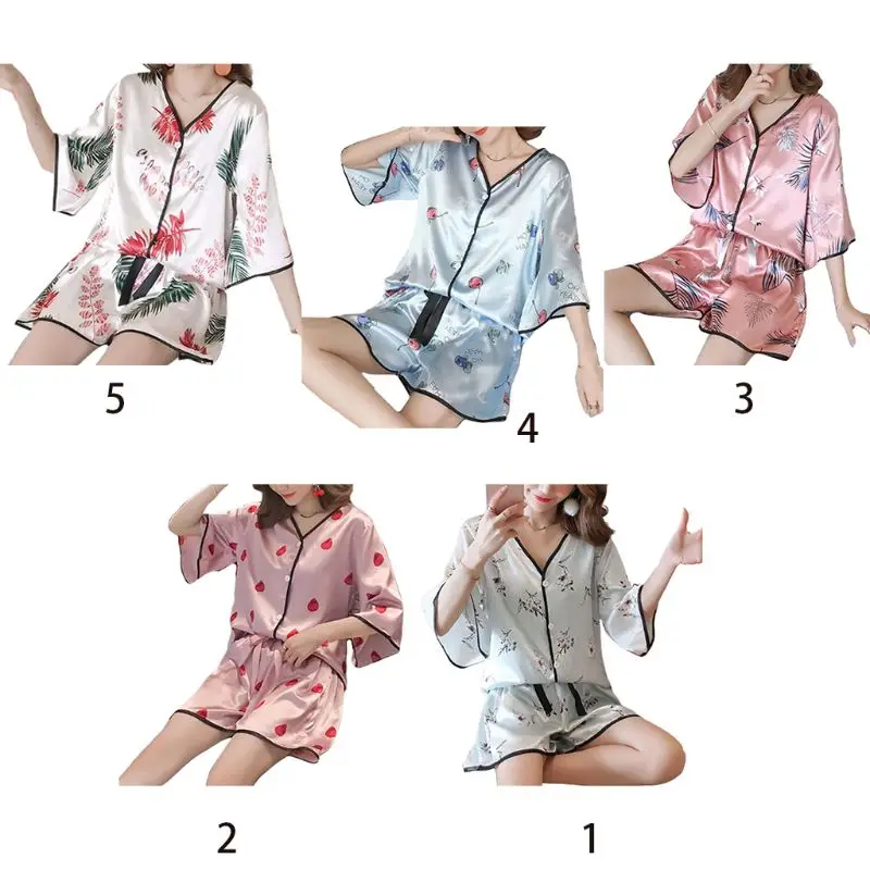 

Women's Button Down Tops and Shorts Pants Set Cool Silk Sleepwear Ins