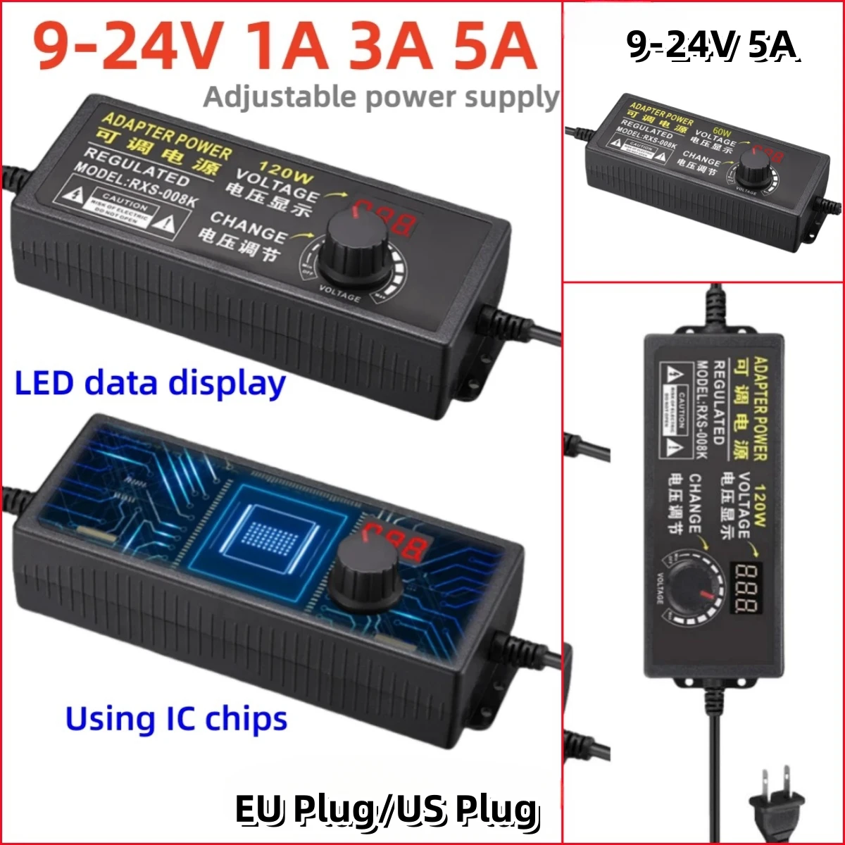 With Display Screen Voltage Regulated SwitchAdjustable Power Supply Adapter AC110-220V To DC9V 12V 24V 5A 3A Universal Adapter