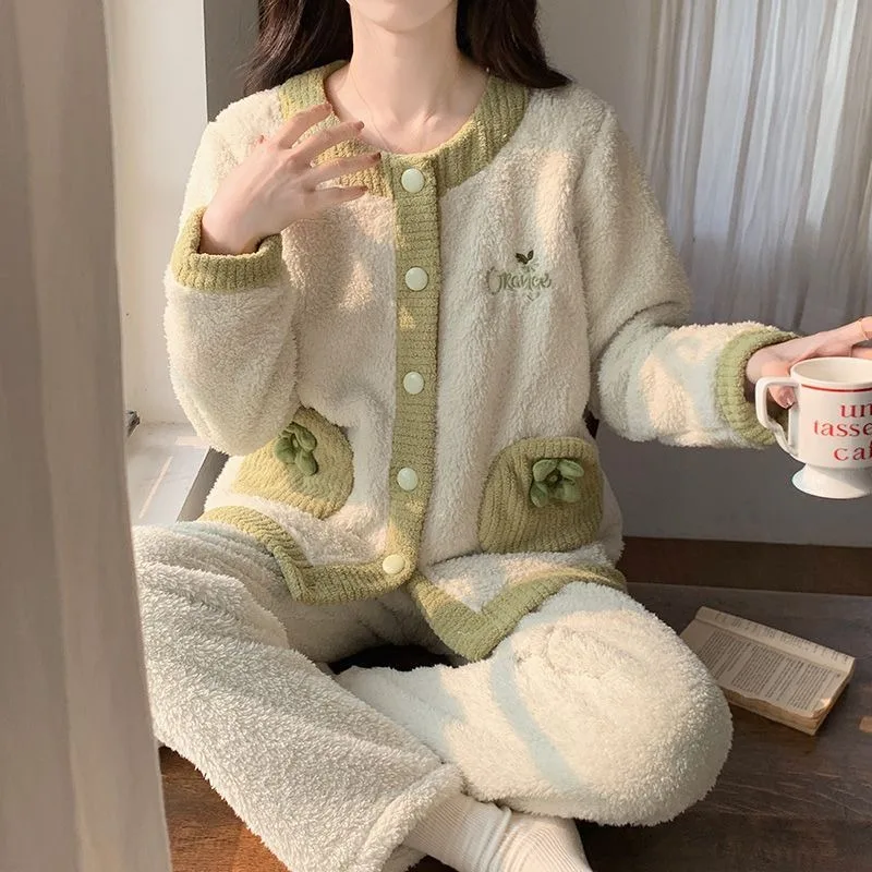 2024 New Coral Velvet Pajamas Women Cardigan Autumn Winter Plus Velvet Padded Loungewear Suit Sweet Lovely Flannel Homewear