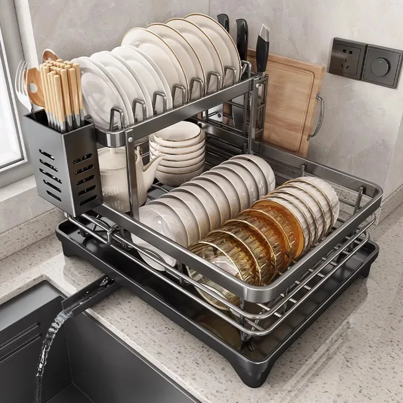 Stainless Steel Adjustable Dish Drying Rack With Drainboard Over Sink Plate Organizer Kitchen Storage Rack