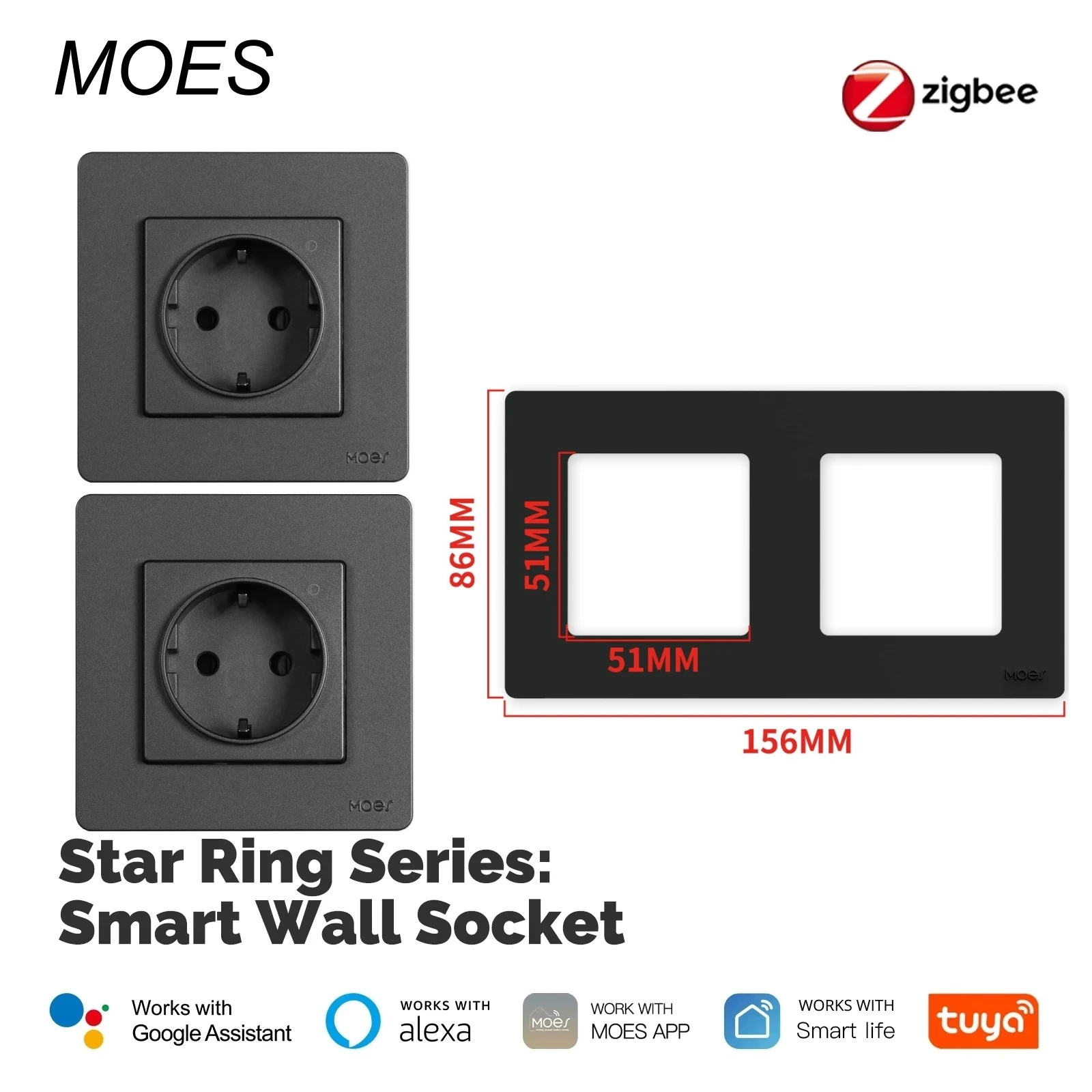 MOES 투야 지그비 스타 링 시리즈: 스마트 벽면 콘센트 EU 내장형 콘센트 세트(패널 포함) 알렉사 구글 홈 호환