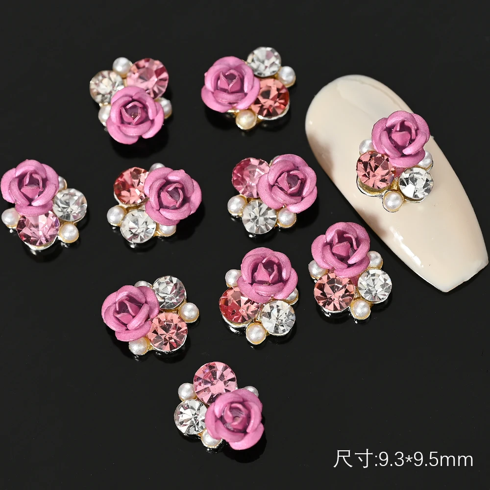 

10Pcs Pearl Rhinestone Flower Design 3D Nail Charms Glitter Crystal Alloy Jewelry Flower Manicure Decorations DIY Nail Diamond&#