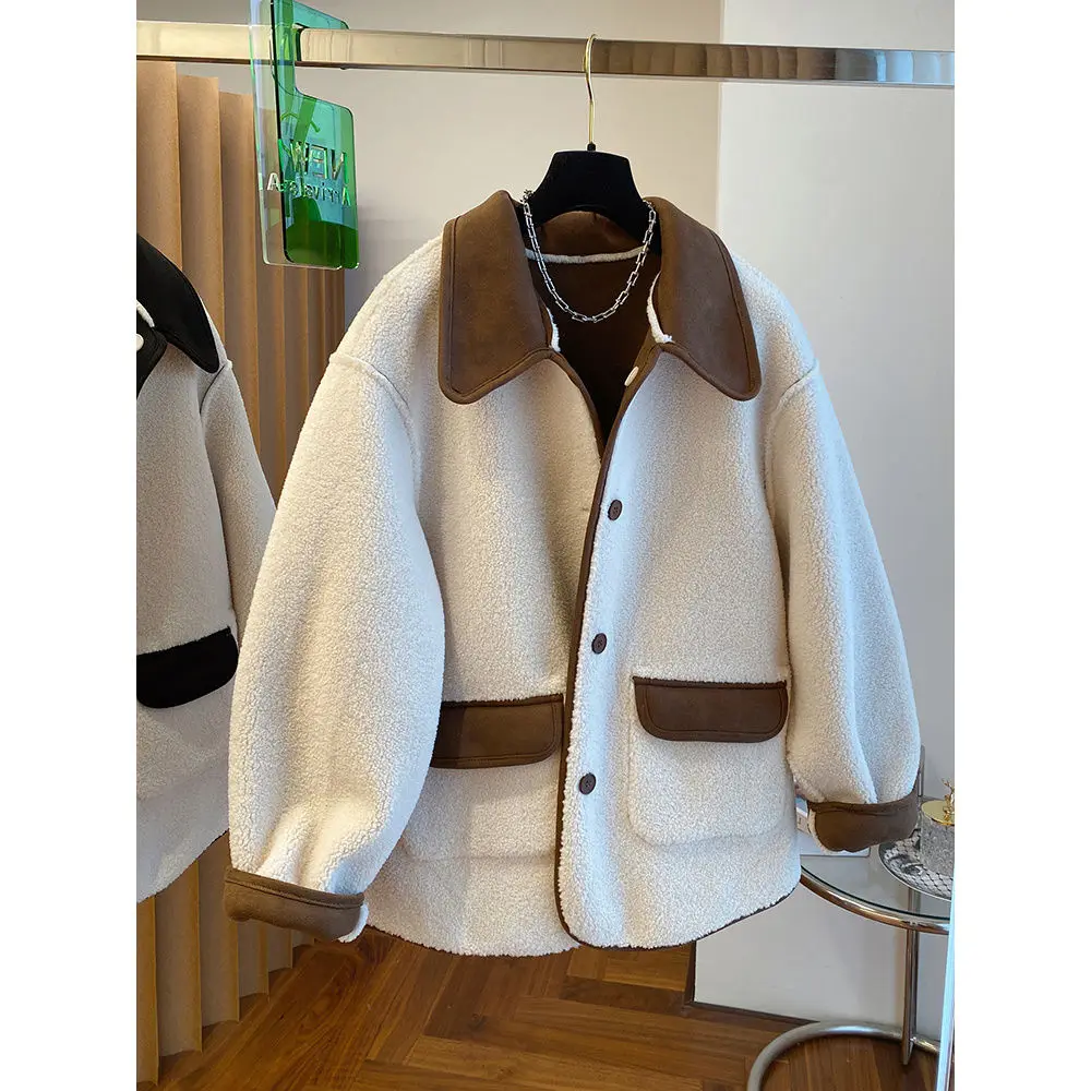 

2023 Winter New Spliced Solid Color Elegant Fashion Loose-fitting Mid-Length Coat Lamb Fake Fur Integrated Cardigans T168