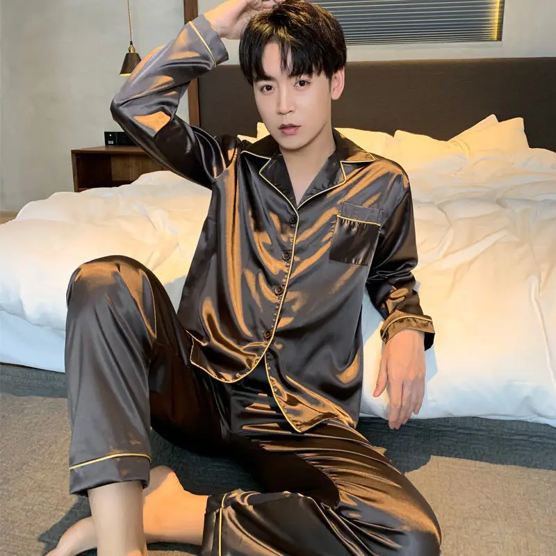 Pajama Sets for Lovers Silk Nightwear Solid Color Night Suit Men Plus Size 5XL Sleepwear Fashion Satin Homewear Sleep Lounge plaid pajama pants Men's Sleep & Lounge