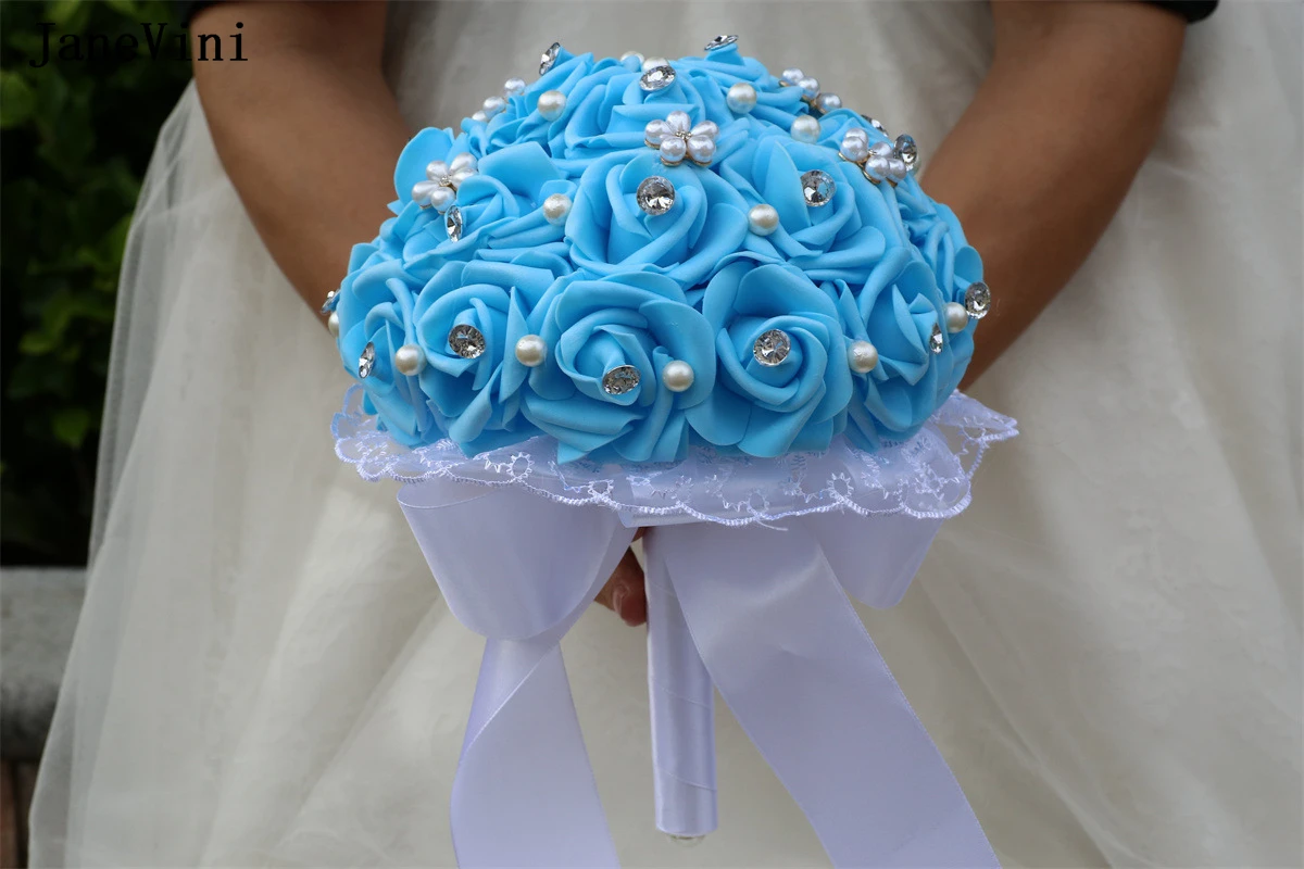 JaneVini New Crystal PE Bridesmaid Bridal Bouquets Lake Blue Wedding Flowers Artificial Foam Roses Pearl Fake Bouquet Customized