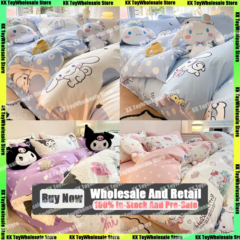 

Miniso Sanrio, Hello Kitty Kuromi Cinnamoroll из чистого хлопка, трехкомпонентная мультяшная простыня, пододеяльник, наволочка