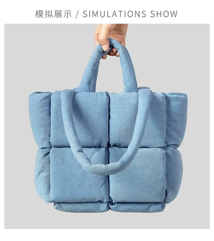 Denim puffer tote in winter street style look