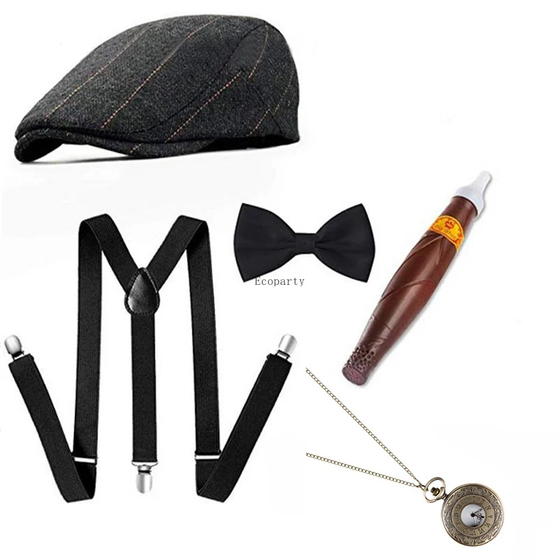The Great Gatsby Cosplay Costume 1920s Mens Gangster Accessories Set Newsboy Hat Suspenders Armbands Tied Bowtie 30