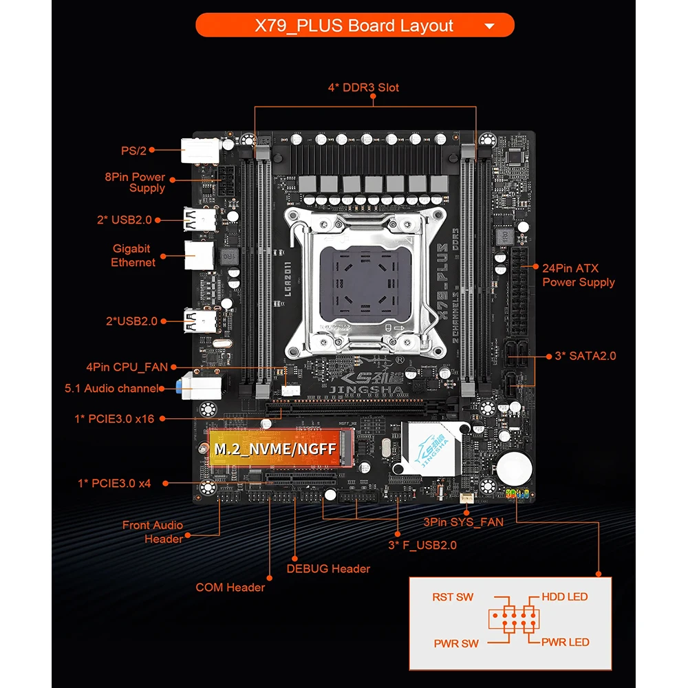 X79 Plus Motherboard Set With LGA 2011 Processor Xeon E5 2650 V2 CPU 2*8GB=16GB DDR3 RAM Support USB2.0 SATA2 PCI-E NVME M.2 SSD