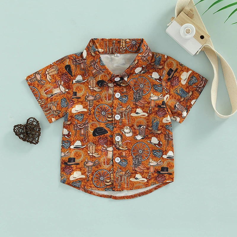 FOCUSNORM 1-5Y Summer Causal Kids Boys Shirts Tops 5 Colors Cartoon Printed Lapel Neck Short Sleeve Single Breasted Clothes boys short sleeve shirts