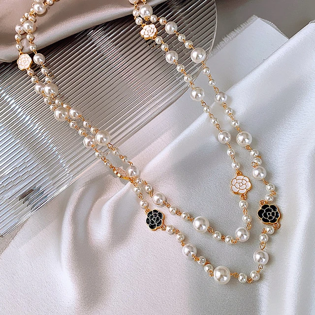 Chanel Style Long Two Layer Pearl Necklace