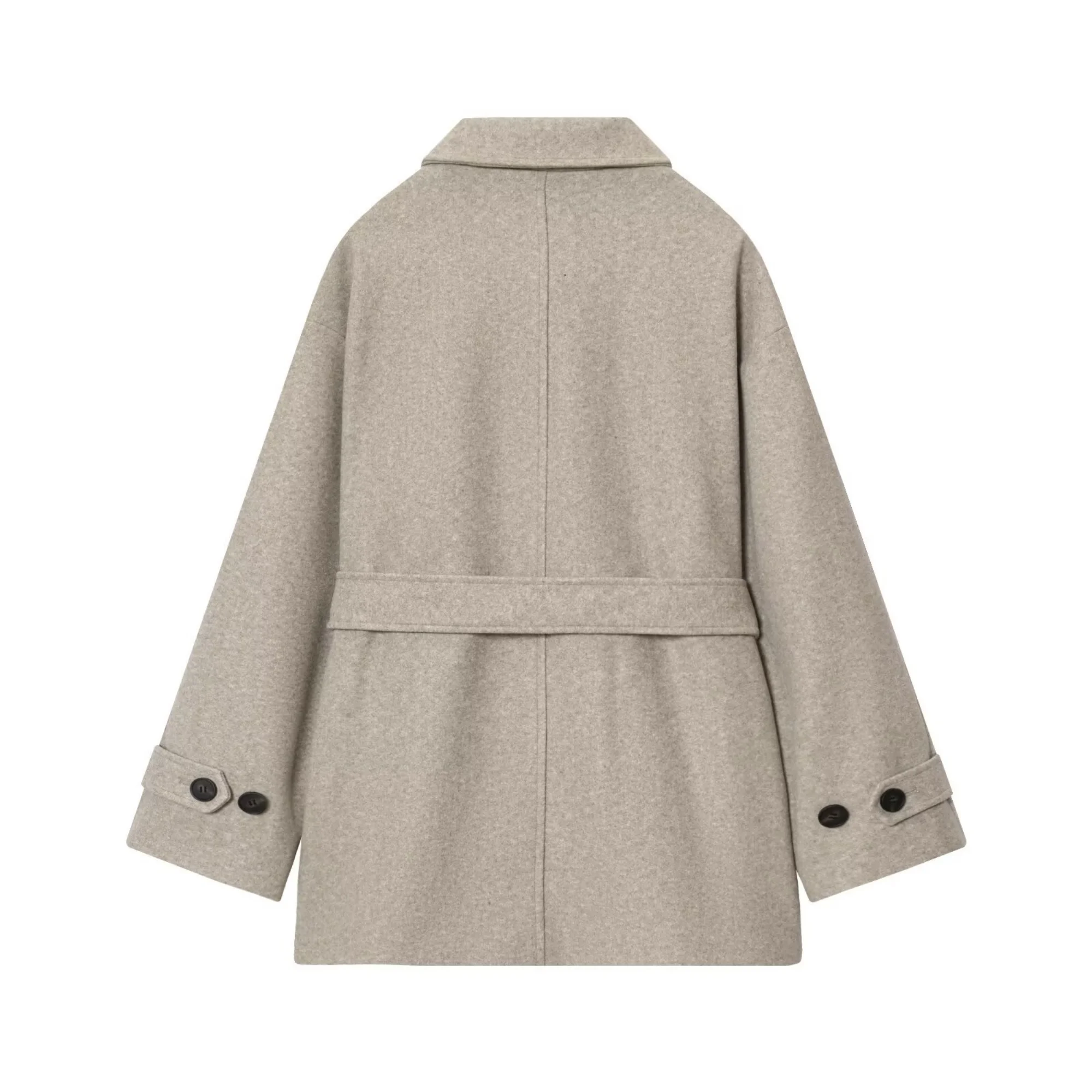 Women Casual Solid Woolen Coat Female Fashion Full Sleeve Turn-Down Collar Lace Up Loose Outwear Lady Autumn Winter Street Jacke