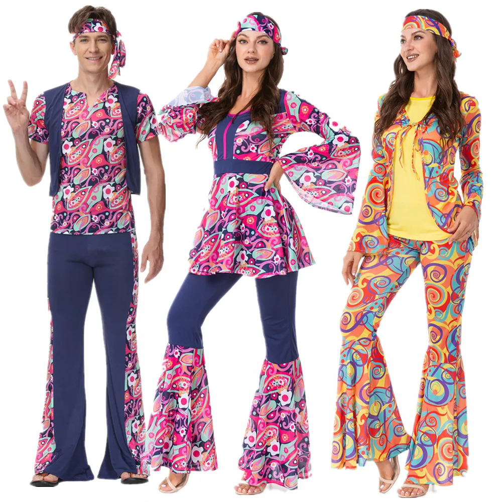 Retro Anni '60 Anni '70 Hippie Cosplay Carnevale Costume Di Halloween Per Uomo Donna Fancy Travestimento Abbigliamento Festa Hippie Rock Disco Night C