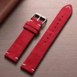 Vintage Suede Leather Quick Release Watch Strap with Pin Buckle - Calfskin Replacement Wristband - 22mm (Red)