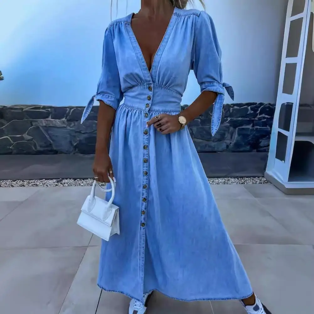 

Lady Summer Dress Slim Waist Pleated A-line Big Hem High Split Lace-up Knot Cuffs Denim Long Dress Commute Dating Maxi Dress