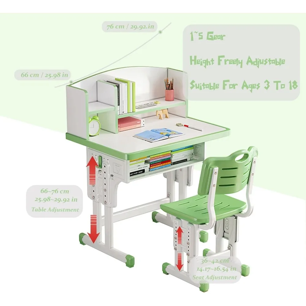 Kids' Table Chair Sets, Children Study Desk Table Computer with Large Storage Drawer Built-in Bookshelf, Kids Bedroom Furniture