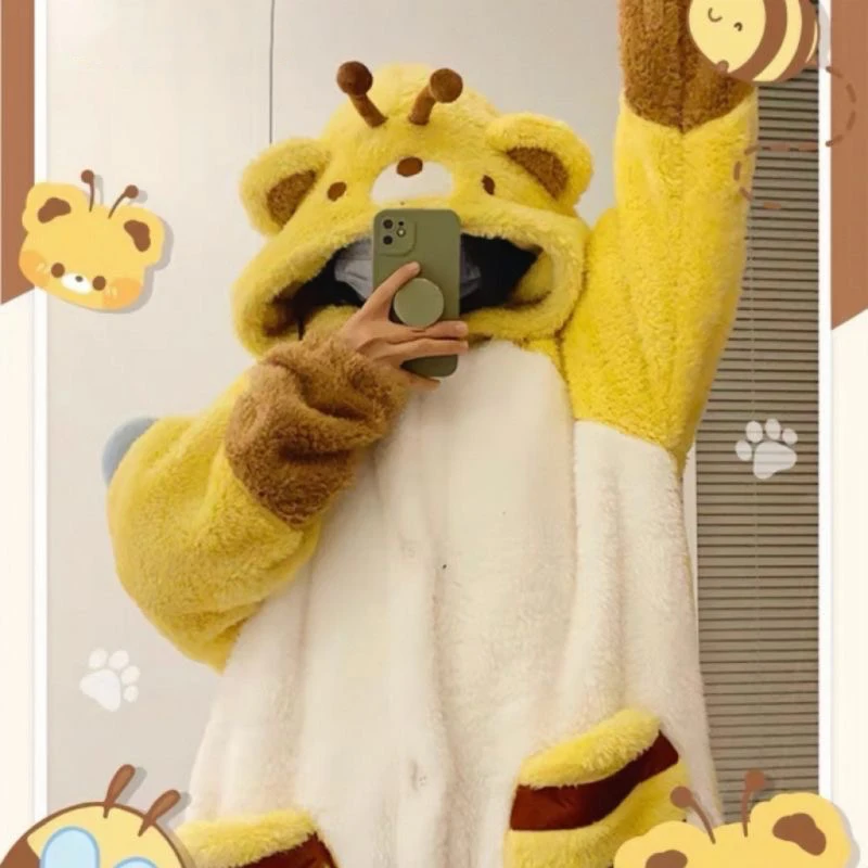 Women Honey Bee Robe Flannel Hooded Nightgown Thickened Warm Cute Autumn Winter Coral Fleece Casual Clothing