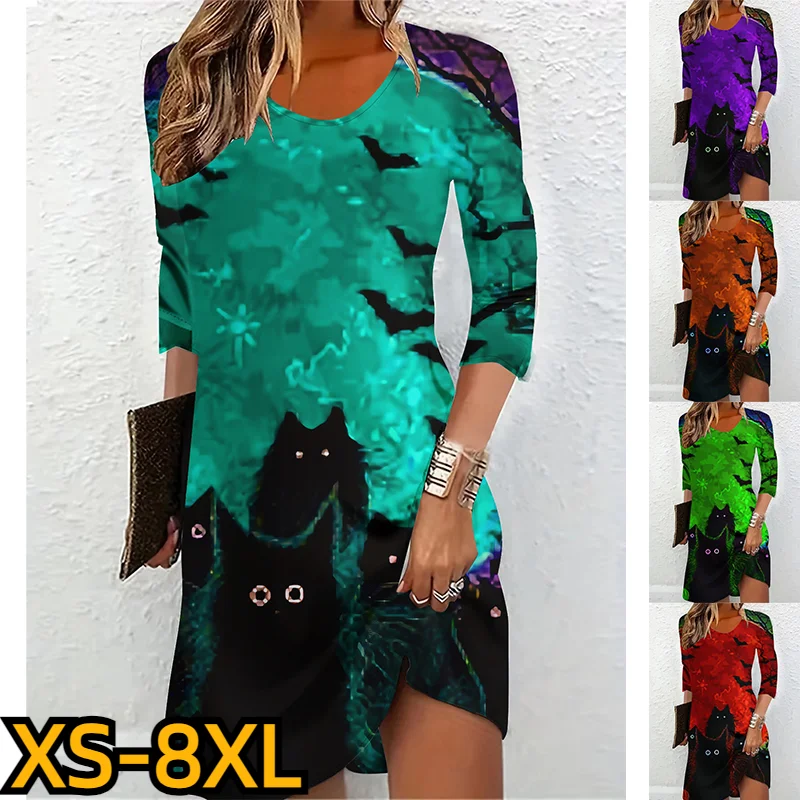 

Autumn Winter Women Round Neck Casual Knee-length Skirt Halloween Dress 3D Print MIDI Skirt Fashion Slim Long Sleeve Skirt