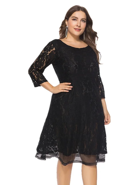 Plus Size 3/4 Sleeve O Neck Party Evening Black Lace Midi Dresses For Women 1