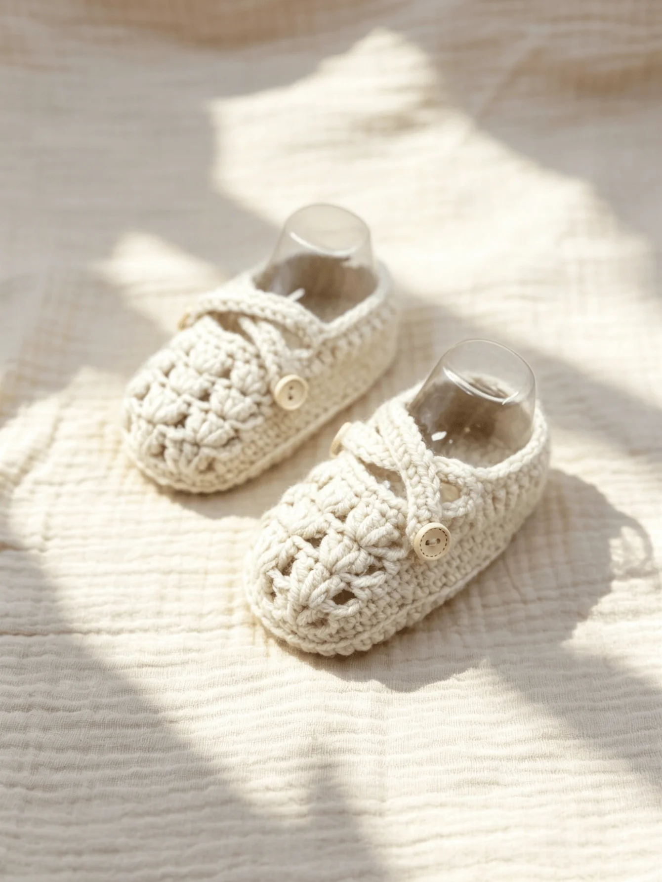 1 Paar handgefertigte Häkel-Babyschuhe, Weiß, gestrickte Mary-Jane-Schuhe mit Knopfriemen, Babyschuhe