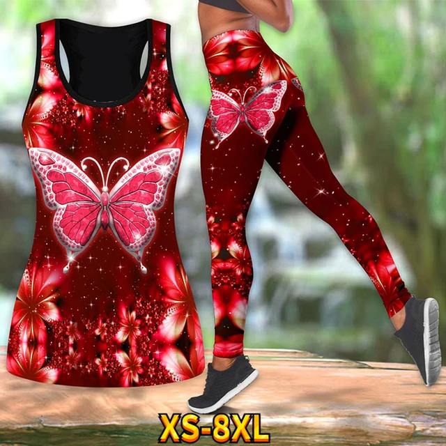 Cheap Ladies Butterfly Print Top Vest Set Summer Ladies Travel Gym Exercise  Yoga Pants Quick Dry Plastic Butt Breathable XS-8XL