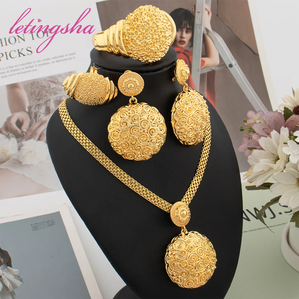 

Nigeria Earrings Gold Plated Ring Bracelet Set Dubai Jewelry Set Women Necklace Pendant Africa Luxury Jewelry Wedding Party Gift