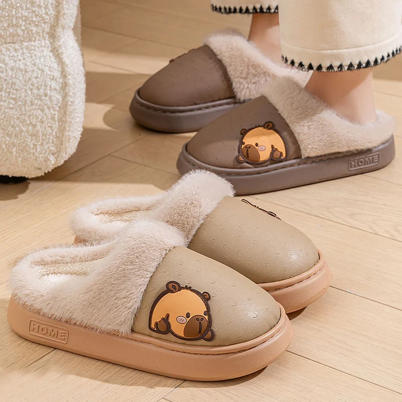 Cute Capibala Cotton Slippers Women Indoor Waterproof Non Slip Fluffy Slippers Woman Comfortable Thicken Plush Warm Home Slides