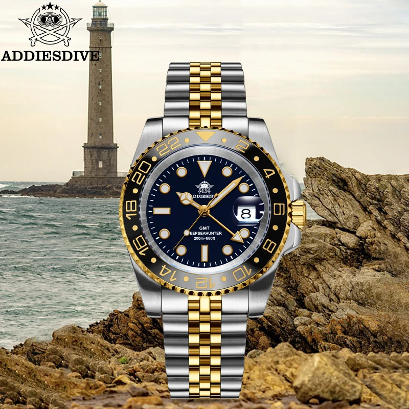 ADDIESDIVE GMT Men's Watch C3 Super Luminous Calendar Display 316L Stainless Steel 200M Waterproof Ceramic Bezel Quartz Watch