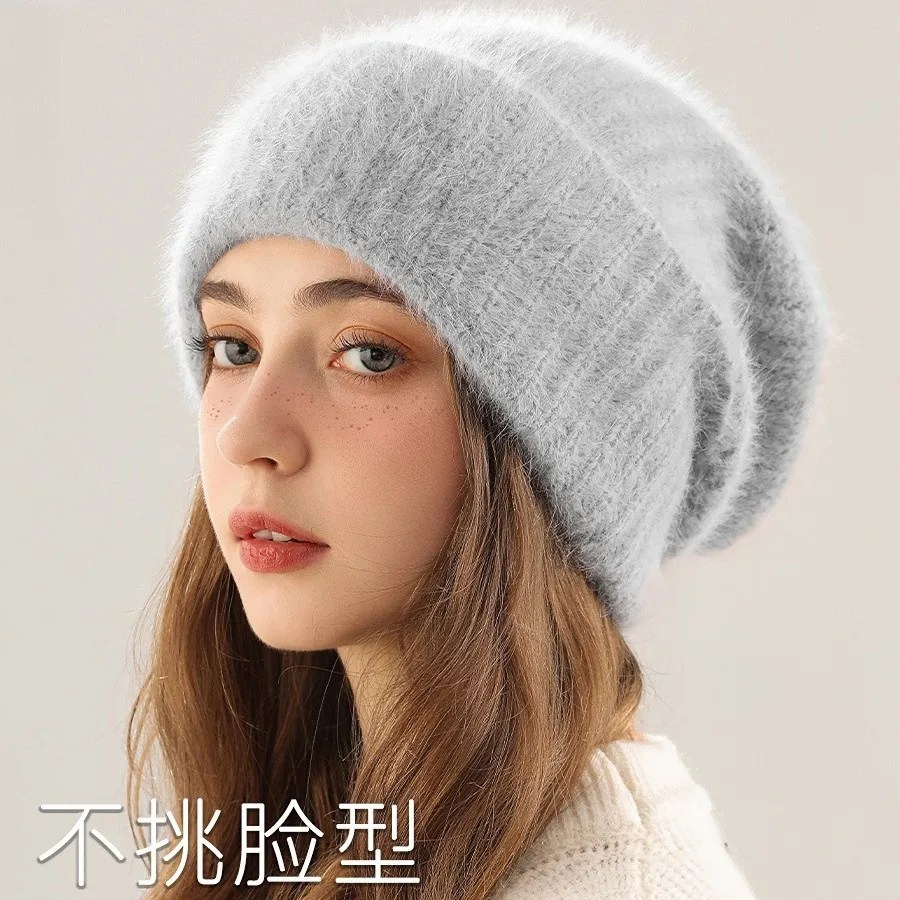 Large Size Cashmere Beanie Hat for Women's Winter Satin Lined Knitted Solid Skullies Cap Silk Lining Soft Warm Slouchy Bonnet