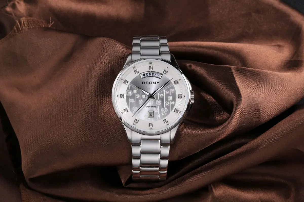 BERNY Golduhren für Herren, Saphir, klassisch, elegant, Quarz-Herrenuhr, Datumswochen, komplett aus Edelstahl, Business-Armbanduhr – Detail 22