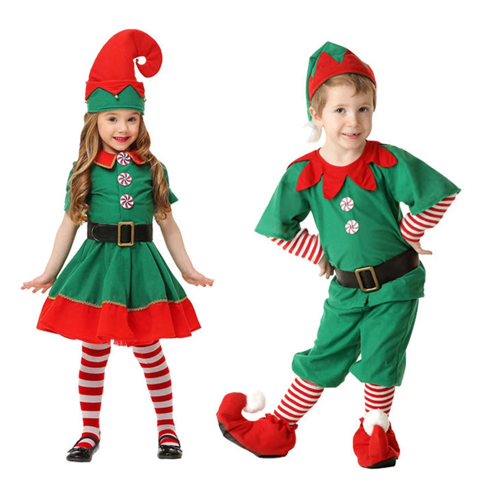 

New Christmas Santa Claus Costume Green Elf Cosplay Family Carnival Party New Year Fancy Dress Clothes Children adult suit Gift