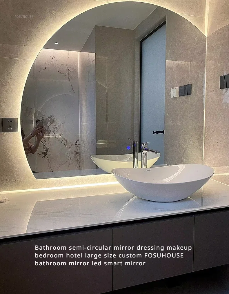 Description Picture 6 of itemCreative Semicircular Mirror for Bathroom Large Size Touch Screen LED Light Bath Mirrors Modern Simple Glass Mirrors for Hotel