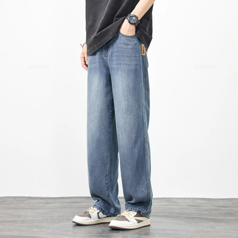 Lyocell Fabric Men's Cargo Jeans Denim Pants Trousers Loose Wide Leg Elastic Waist Casual Plus Size