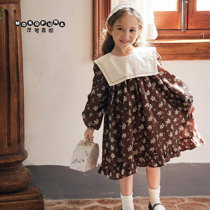 

MOKOPUNA Autumn Girls Dresses Navy Neck Cotton Windproof Floral Princess Dress Birthday Christmas Dresses Clothing QL236025
