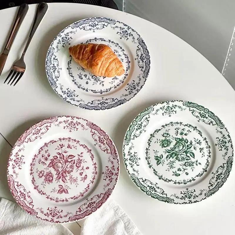 Creative Retro Nordic Flower Pattern Round Ceramic Dinner Plate Shallow Plate Elegant Light Luxury Dinner Kitchen