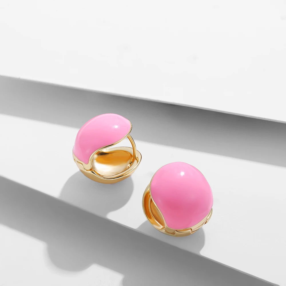 Mini Cute Round Enamel Piercing Earring Studs for Women Girls Sweet Pink Huggie Earrings Wedding Jewelry 2025 New Trendy