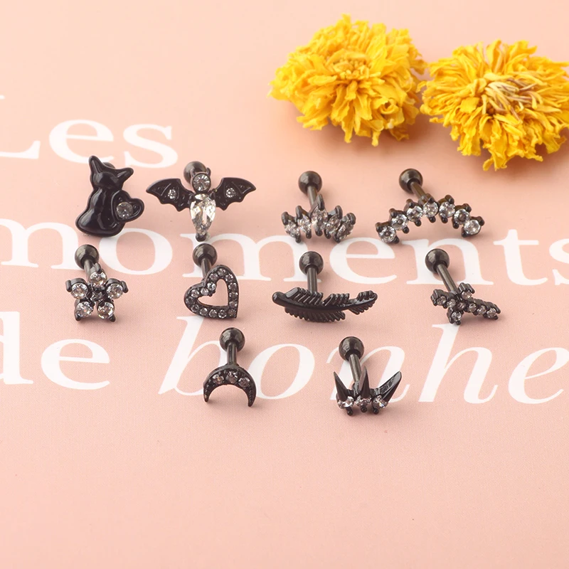 wholesales black cartialge tragus earrings stainless steel hot sales body piercings helix barbell conch daith earrings stud mix