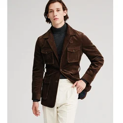2023 New Men's Corduroy Suit Jacket Hunting Sports Jacket Casual Suit Single Breasted Pocket Slim Fashion Design Belt Comfortabl
