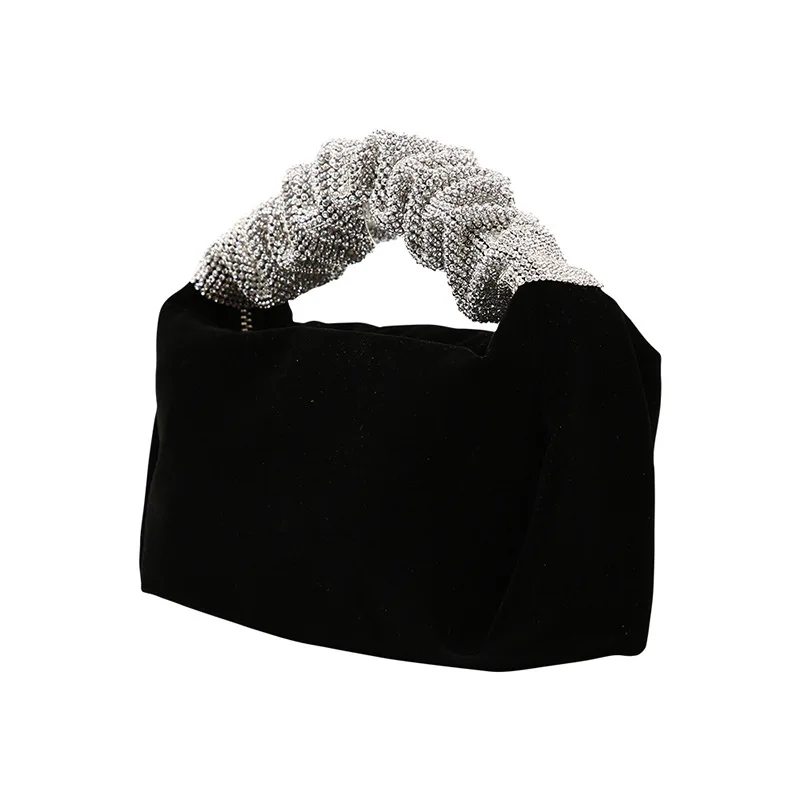 Handmade Black Velvet Handbag Women Evening Clutches Bag Fine Luxury Rhinestones Handle Handbag Purses Ladies Party Clutch